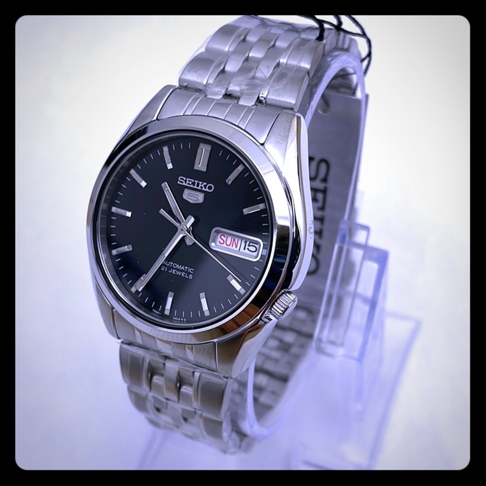 New Seiko 5 Automatic Silver Black Face Men Watch